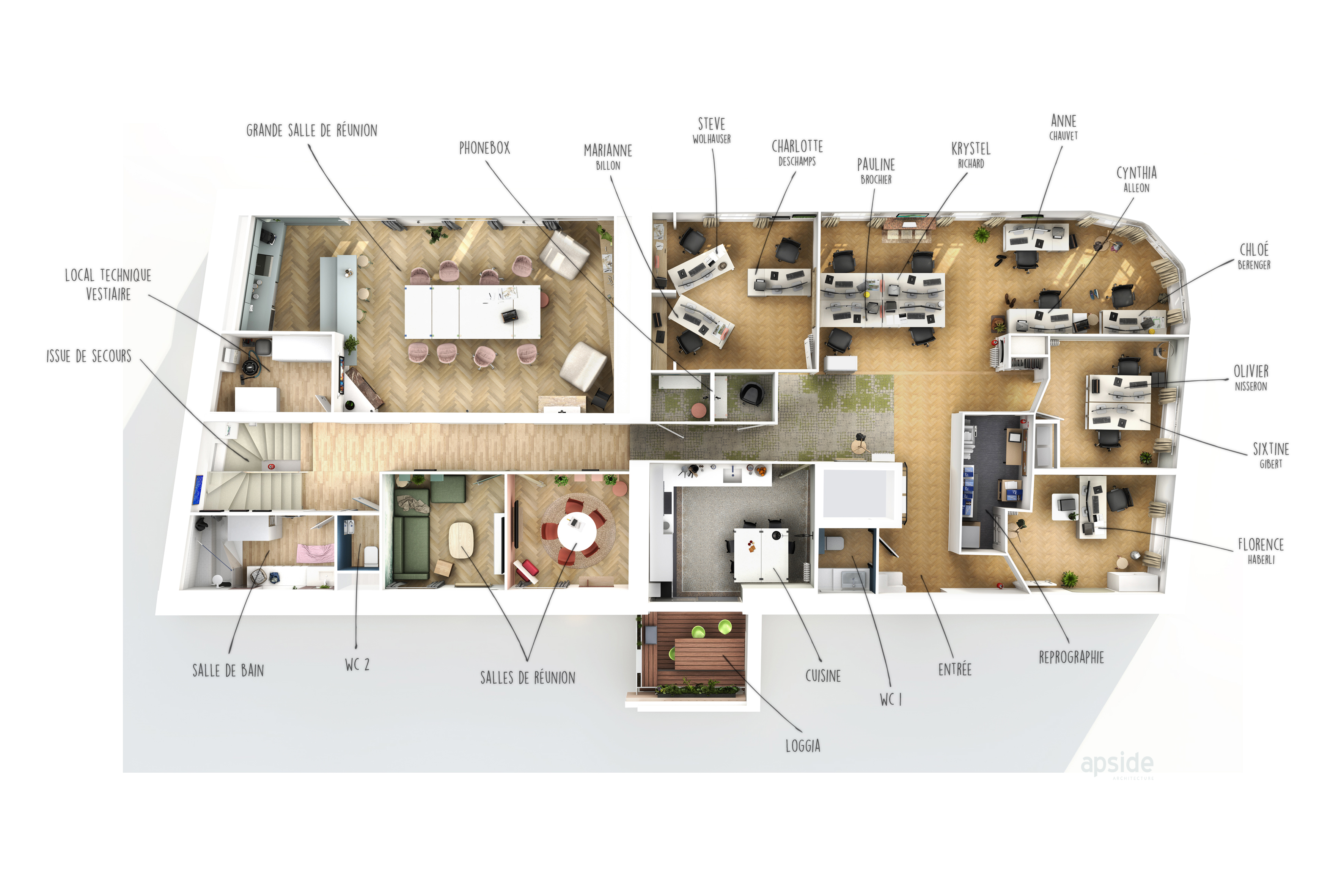 vue en coupe bureaux apside avec nom salarié et salles réunion